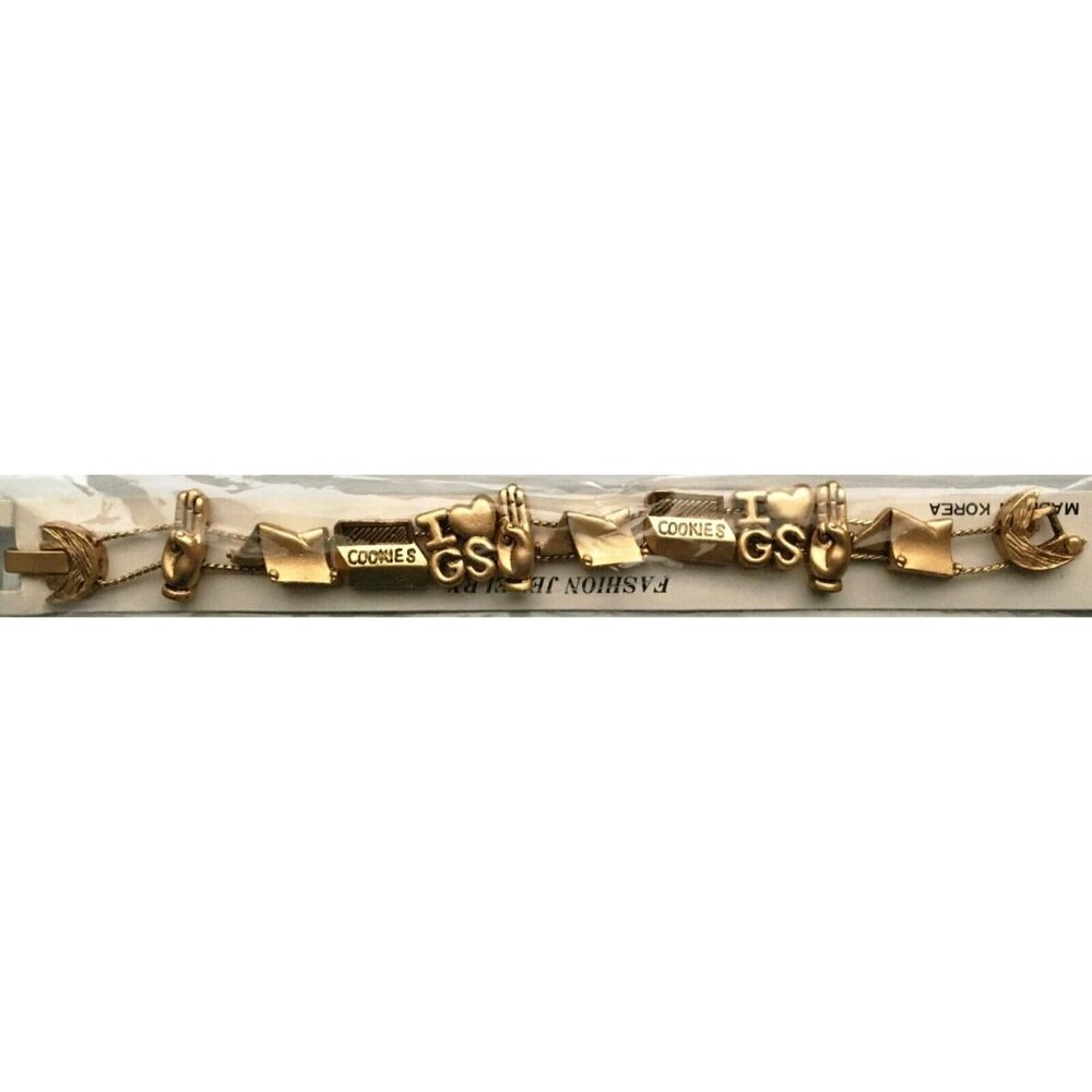 Girl Scout Slide Charm Bracelet "I *heart* GS" Gold New Old Stock Vintage